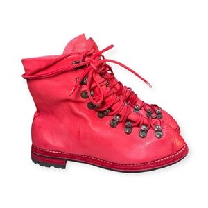 Giudi Red Leather Combat Boots. Lace-Up
